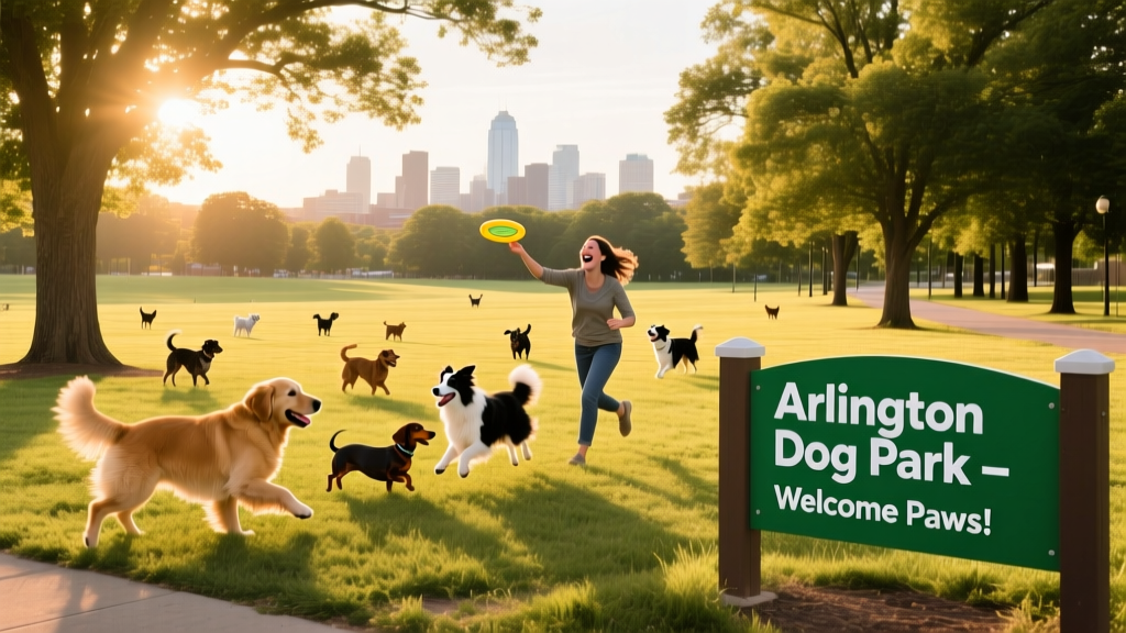 A lively, well-maintained off-leash dog park in Arlington with open fields and shaded wooded areas