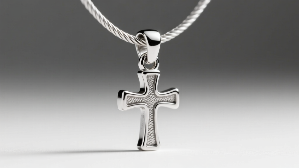 Macro shot of a sterling silver cross pendant bail, showing the solder joint and a 0.8mm cable chain threading through the loop.