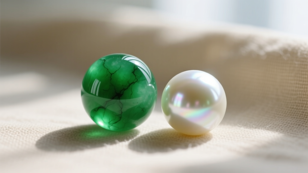Macro close-up of a vivid green Type A jadeite bead resting beside a lustrous white Akoya pearl on a neutral beige linen fabric.