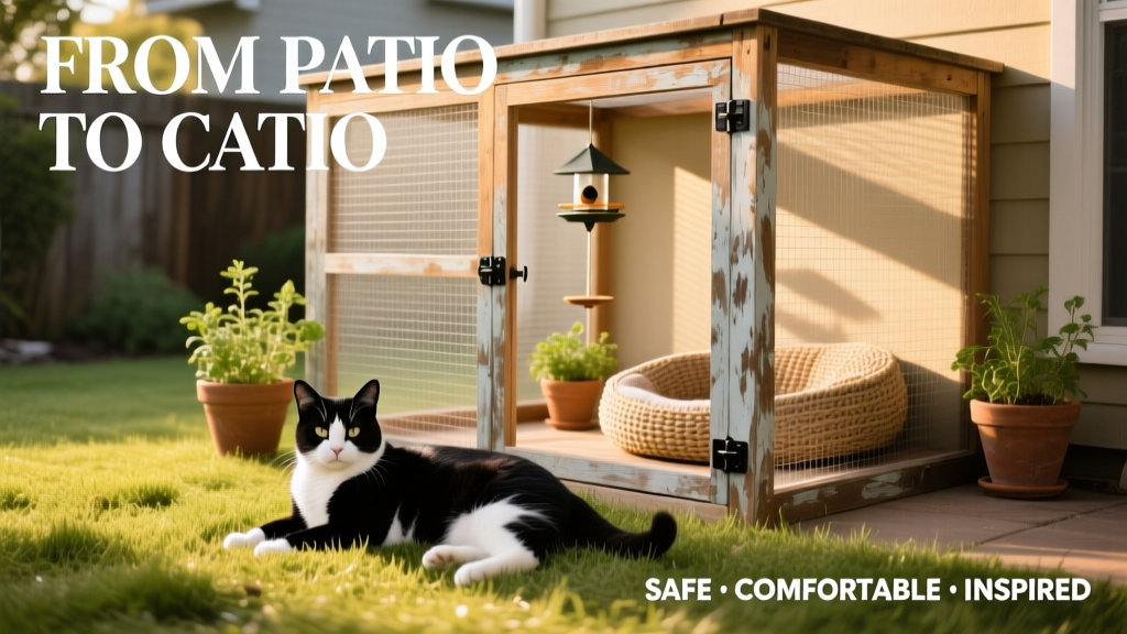 A cat lounging on a grassy floor inside a compact, freestanding catio with mesh walls and a wooden frame