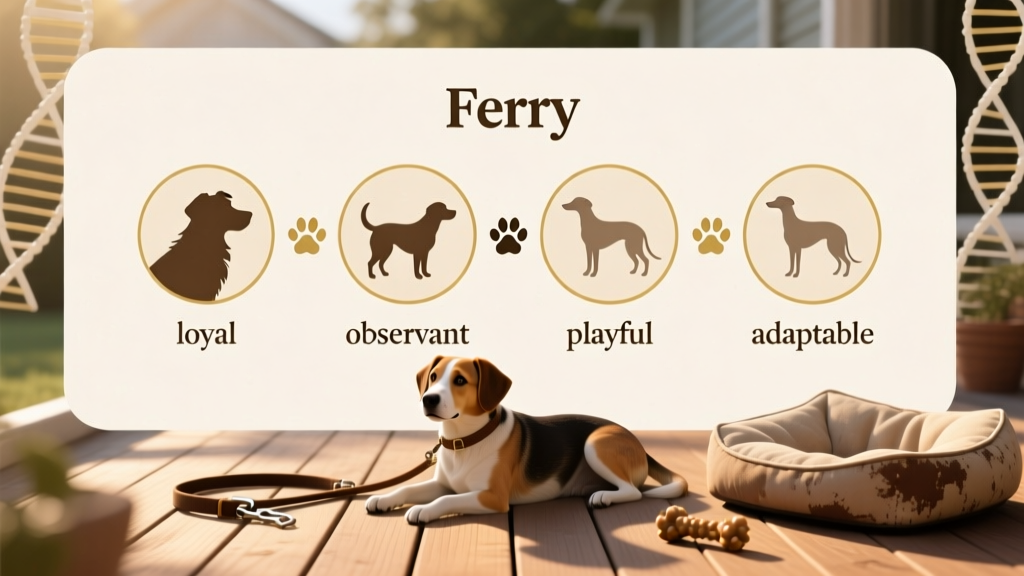 Infographic showing Ferry's breed breakdown with icons representing each breed and key traits like 'loyal,' 'observant,' and 'playful'