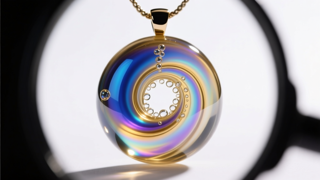 Loupe magnification revealing curved striations and tiny gas bubbles inside a piece of man-made opalescent glass pendant jewelry.
