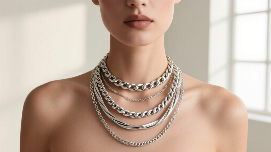 Model wearing layered 925 sterling silver necklaces of varying lengths, showcasing rope and cable chains on a neutral background