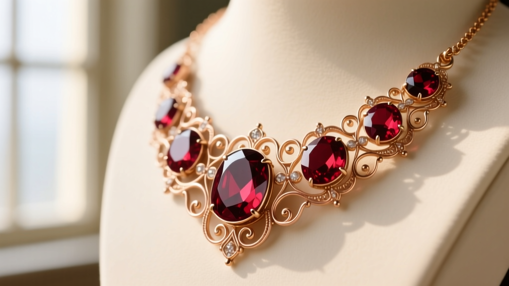 Close-up of a Victorian vintage garnet necklace with deep red almandine cabochon stones set in intricate 14k rose gold filigree.