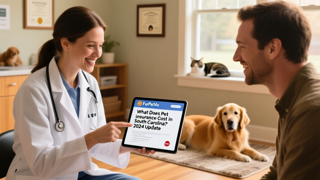 Friendly veterinarian consulting with a pet owner while reviewing a FurPetVo policy document on a tablet