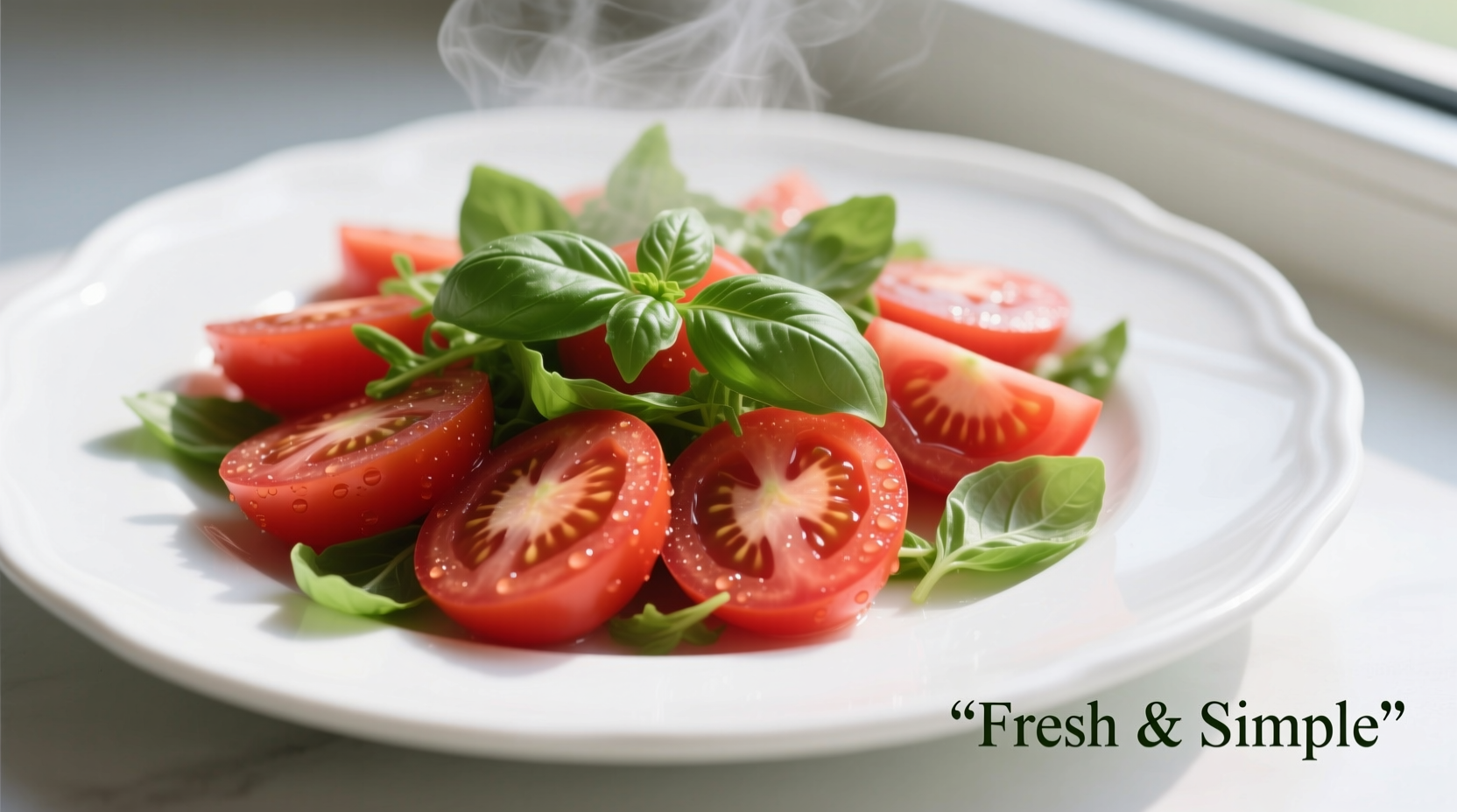 Fresh tomato salad with basil garnish on white plate
