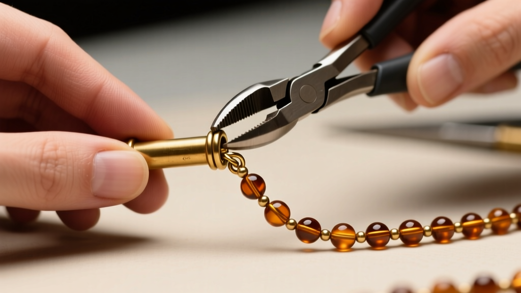 Close-up of a jeweler using flat-nose pliers to gently compress the female end of a brass barrel clasp on a 90s bead chain