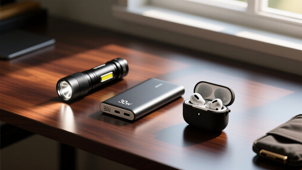 Flat lay of budget EDC gear including a compact flashlight, 30W power bank, and wireless earbuds arranged on a dark walnut desk.