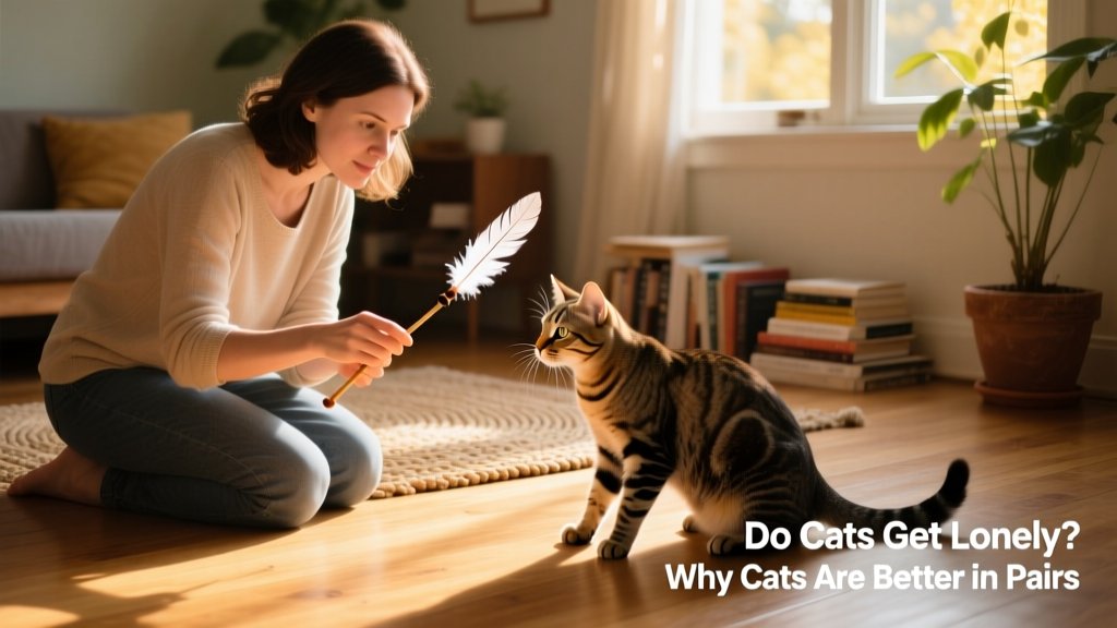 A person gently playing with a cat using a wand toy, both focused and engaged