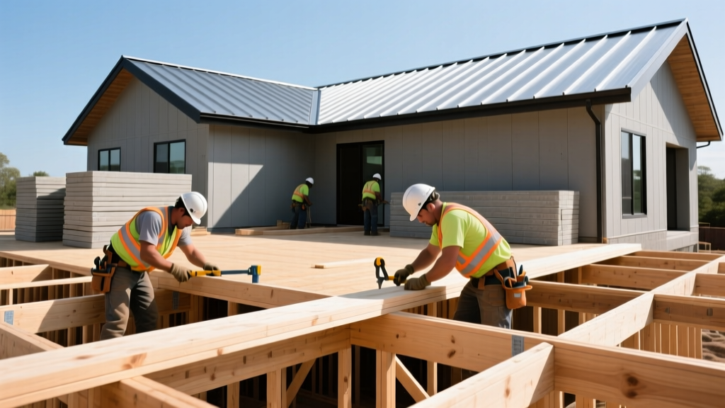 Crew installing engineered wood I-joists on a modern residential build with stacked fiber cement siding and metal roofing.