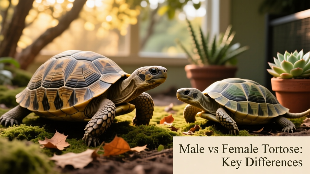 Side-by-side comparison showing a male tortoise with a longer, thicker tail and concave plastron versus a female with a shorter tail and flat plastron