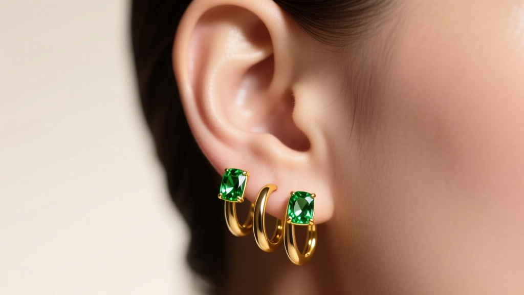 Close-up of the ear wearing 14k yellow gold huggie hoops with bezel-set vibrant olive-green peridot gems in soft studio lighting.