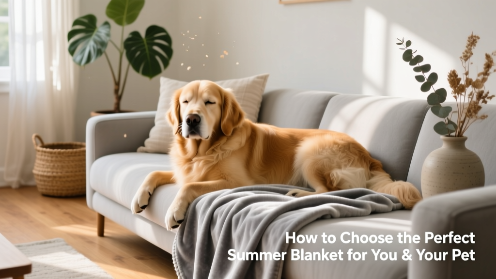 A golden retriever resting comfortably on a light gray microsuede blanket draped over a sofa