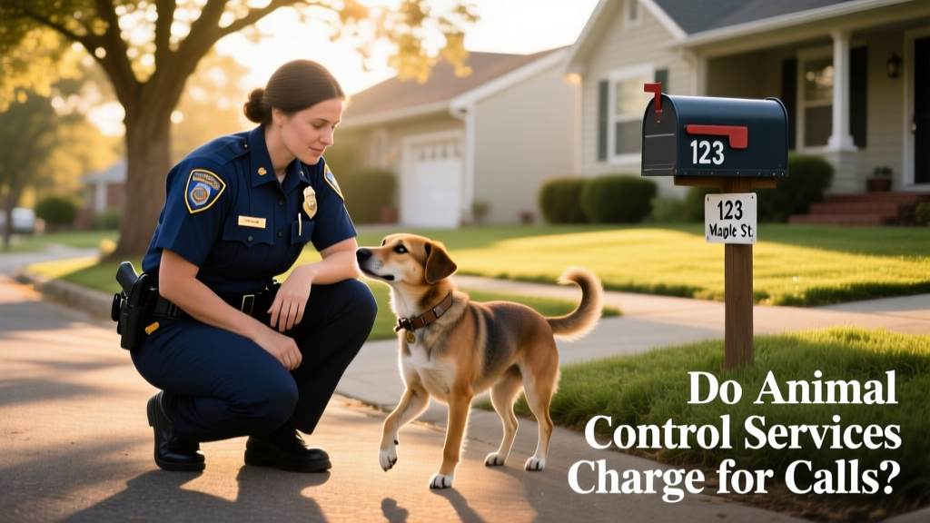 A friendly, uniformed animal control officer gently approaching a calm stray dog on a residential street