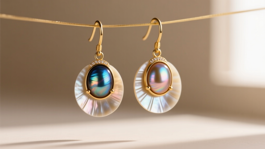 Macro shot of vintage 1970s 14k gold mabe pearl drop earrings, highlighting iridescent luster and flat mother-of-pearl backing disc.