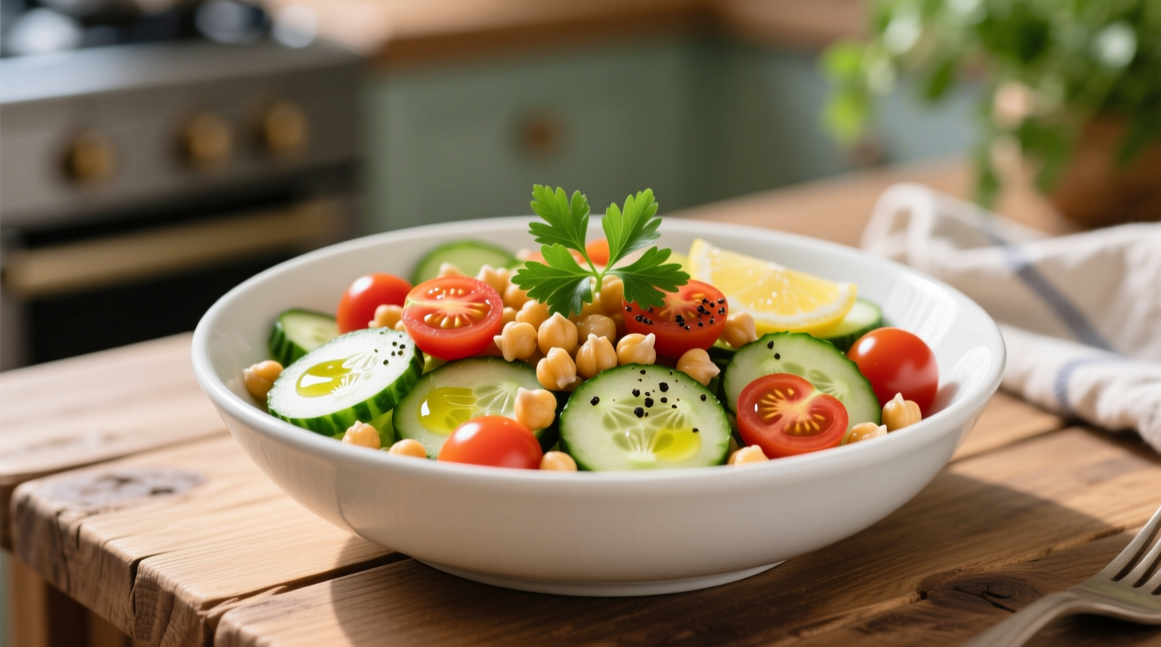 Fresh cucumber chickpea tomato salad in white bowl