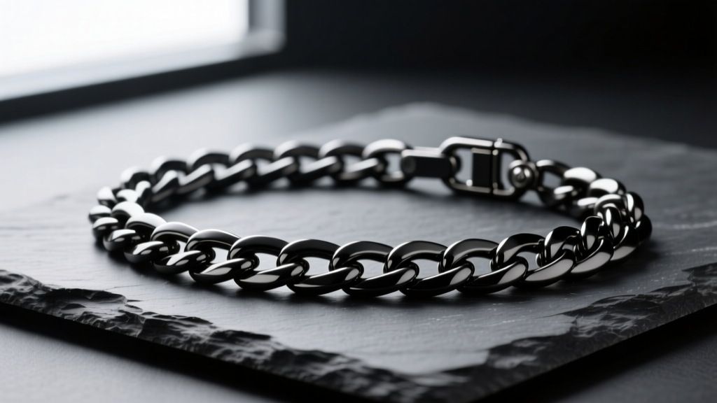 Black PVD-coated stainless steel Cuban link chain on dark slate, showing the uniform dark finish and a secure lobster clasp.