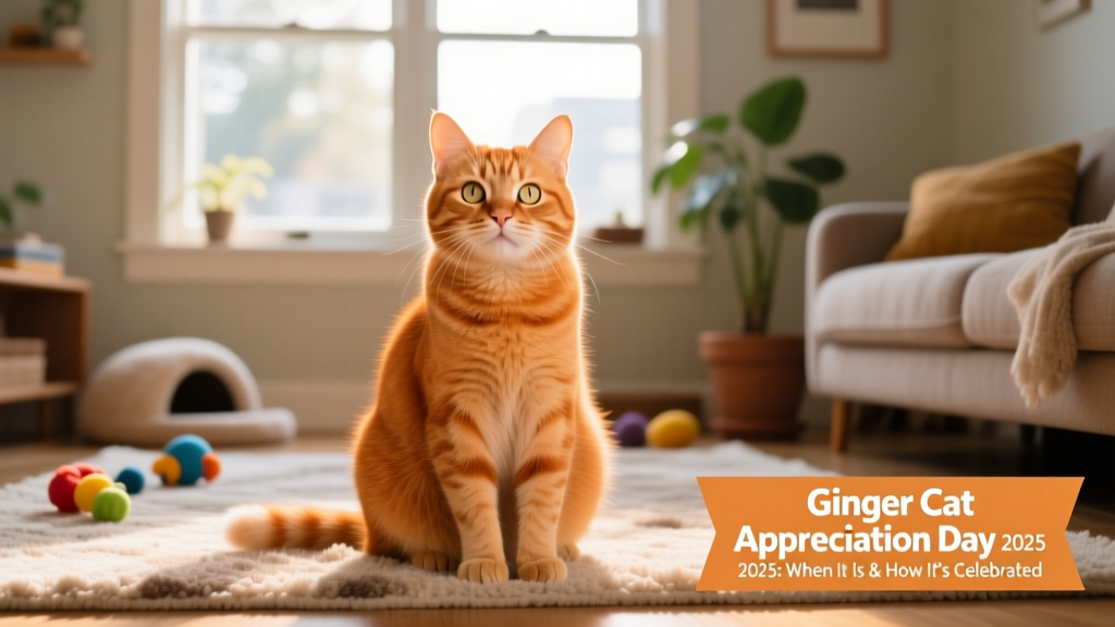A cheerful ginger cat sitting upright, bathed in soft natural light, with bright eyes and a relaxed expression