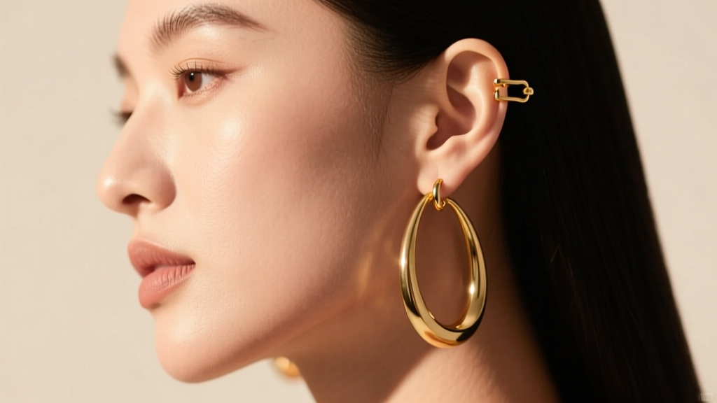 Close-up of model wearing large drop earrings, showing secure leverback clasp and 18-gauge gold ear wire under warm studio light