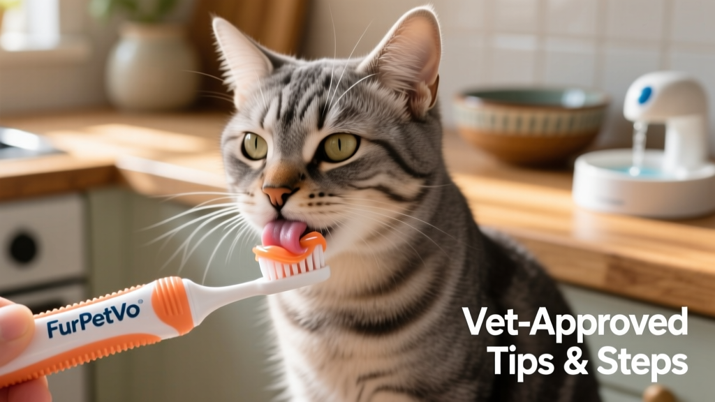 Close-up of a cat gently licking a FurPetVo finger toothbrush coated with salmon-flavored toothpaste
