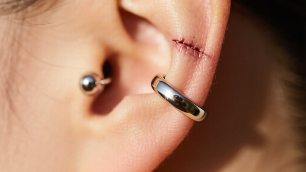Close-up of a healed earlobe piercing wearing a polished 14-gauge titanium captive bead ring illuminated by soft warm light.