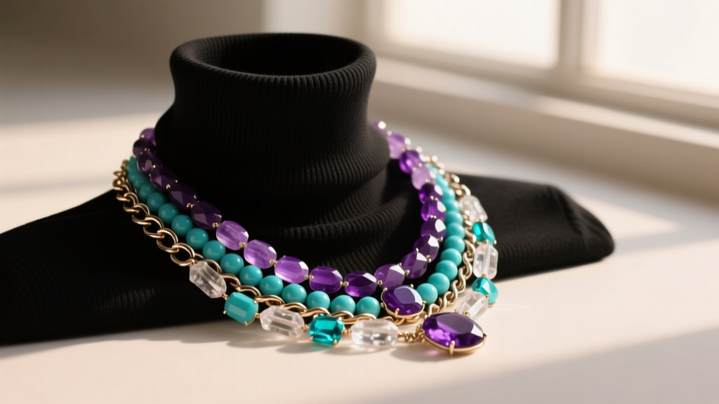 Chunky multi-strand necklace with amethyst, turquoise, and quartz stones draped over a black turtleneck in soft studio lighting.