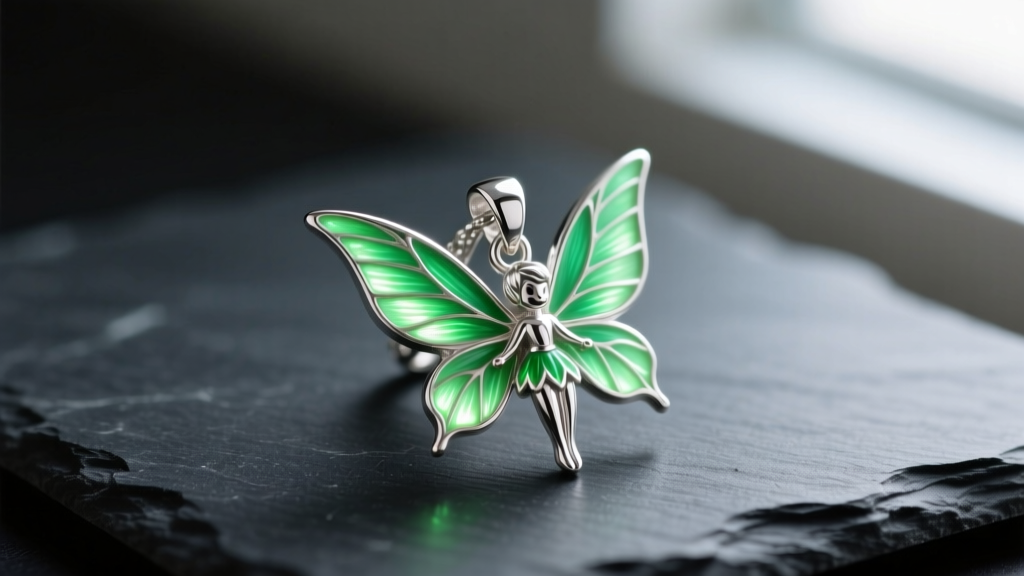 Macro shot of a sterling silver Tinkerbell pendant with vibrant green photoluminescent enamel wings resting on dark slate