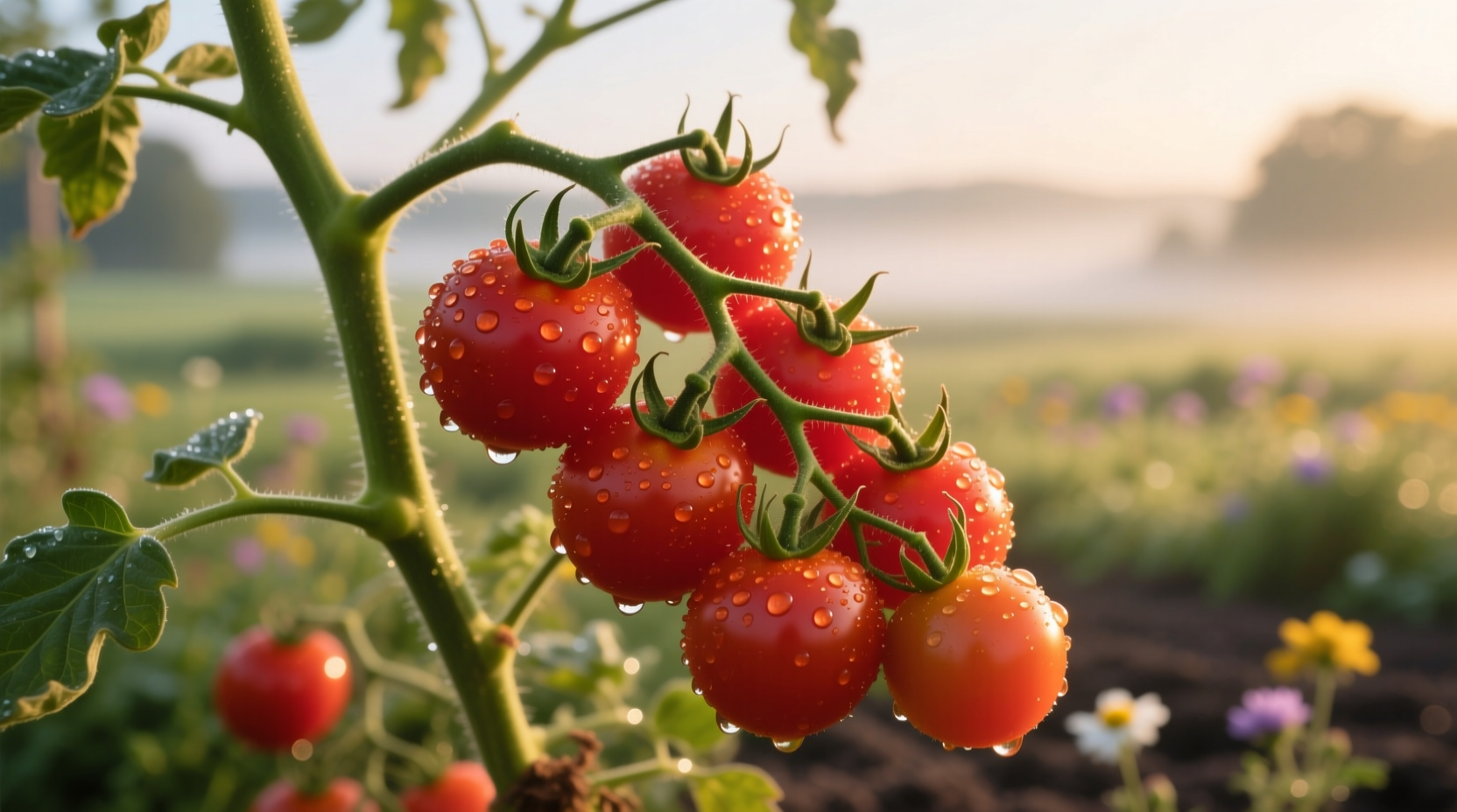 Ripe cherry tomatoes on vine with morning dew