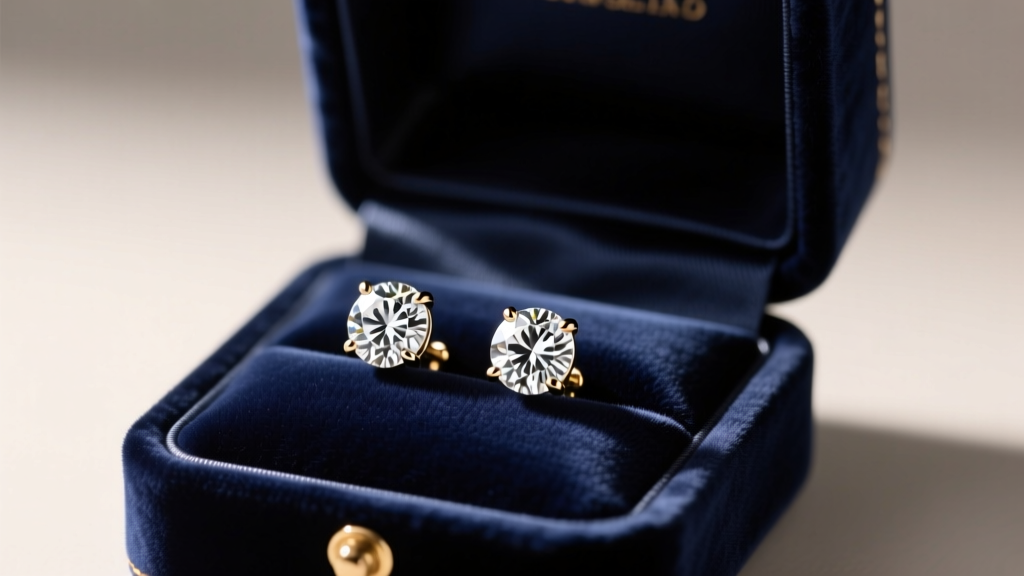 Open navy velvet box revealing one-carat round brilliant diamond stud earrings in 14k white gold under warm spotlighting