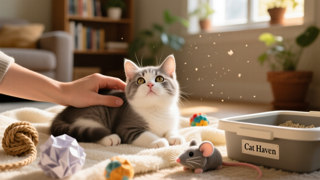 A gentle hand stroking a kitten resting on a soft blanket, with toys and a small litter box nearby