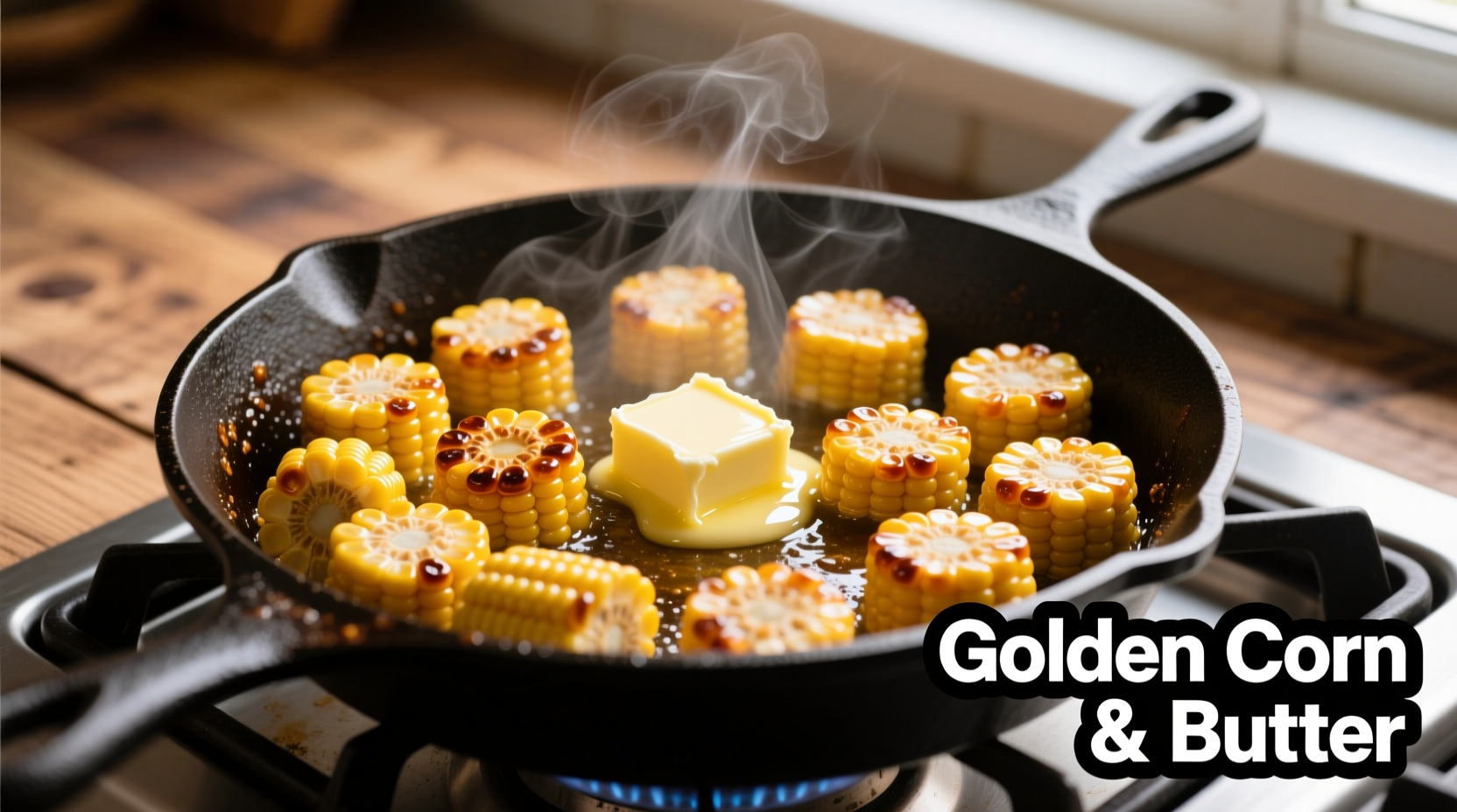 Perfectly cooked canned corn in skillet with butter