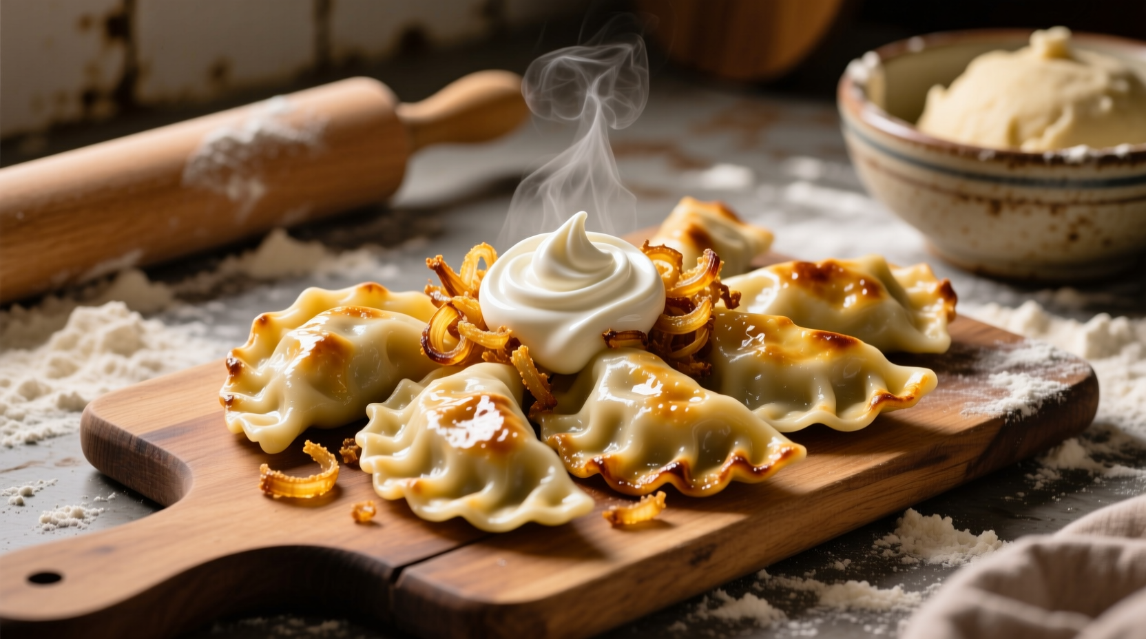 Homemade potato and cheese pierogi with sour cream and fried onions
