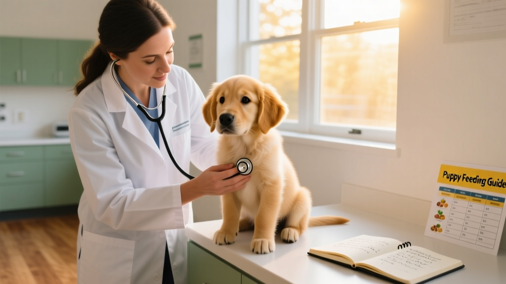 A veterinarian gently examining a calm, alert puppy during a wellness checkup