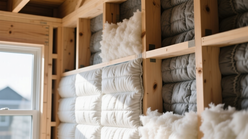 Dense mineral wool insulation quilts being friction-fitted between wooden wall studs during a modern residential framing project