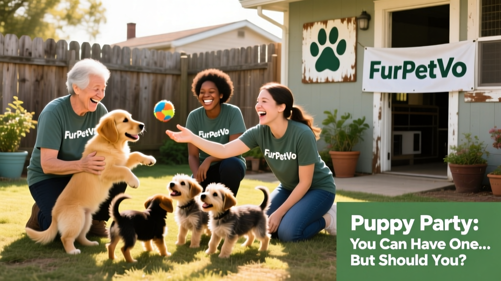 A diverse group of volunteers laughing while playing with multiple puppies in a sunny, fenced outdoor yard at a FurPetVo shelter