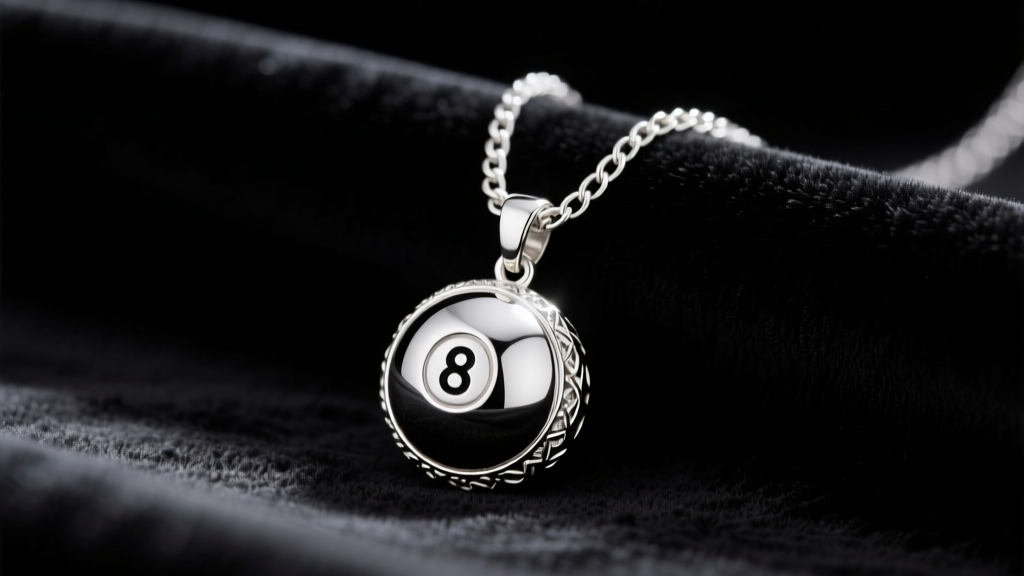 Sterling silver billiard 8 ball pendant on a 5mm Cuban link chain, resting on dark velvet fabric under soft studio lighting