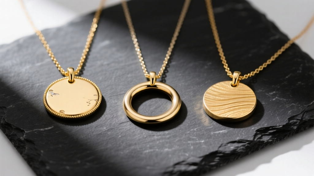 Flat lay of three circle charm necklaces on dark slate, showing the visual differences between gold-plated, vermeil, and solid 14k gold.