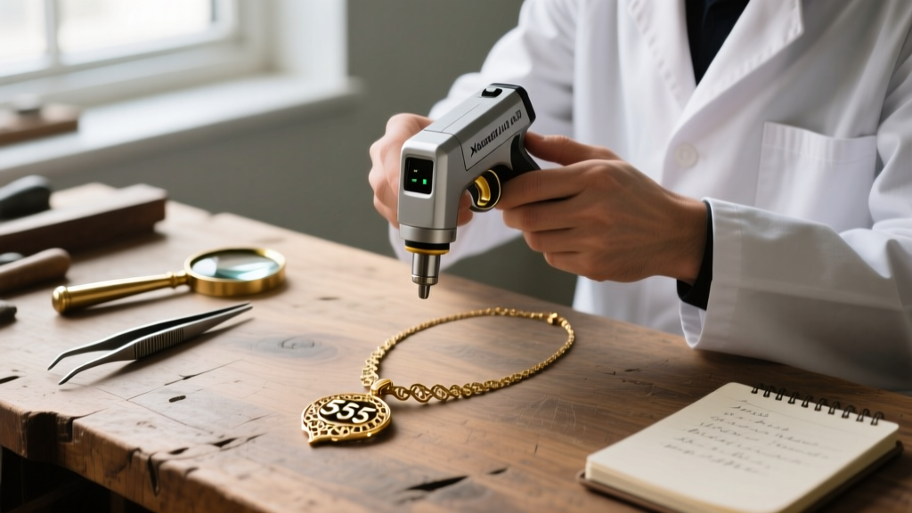 Jeweler using an XRF analyzer gun to test the metal composition of a vintage 555 pendant necklace on a wooden workbench
