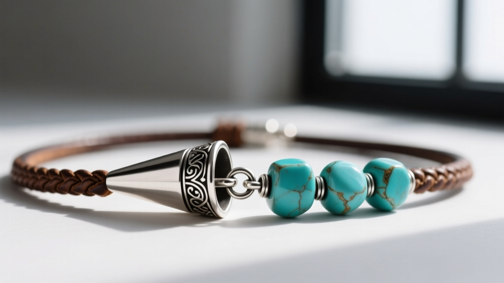 Detailed shot of a heavy sterling silver cone clasp and crimp beads securing a thick leather cord on a rustic turquoise necklace.