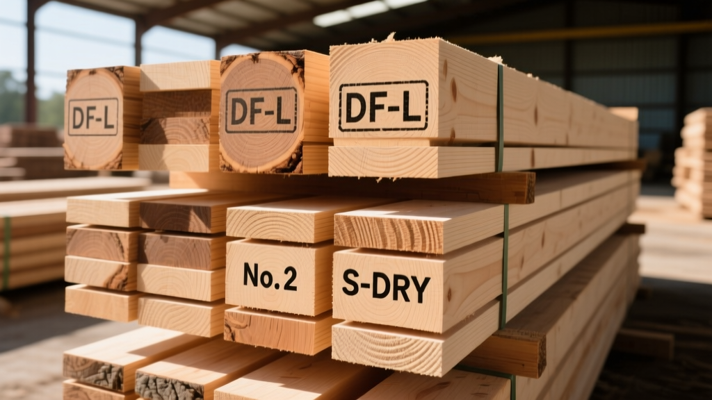 Close-up of stacked dimensional lumber bundles in a bright lumberyard, highlighting ink grade stamps showing DF-L, No. 2, and S-DRY markings on wood ends