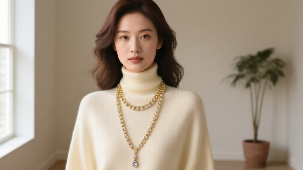 Woman in a cream turtleneck wearing a long gold vermeil rhinestone lariat necklace draped loosely, soft natural window lighting