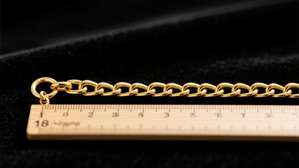 Gold chain flat on dark velvet with wooden ruler measuring 18 inches from clasp to jump ring, soft daylight macro photography