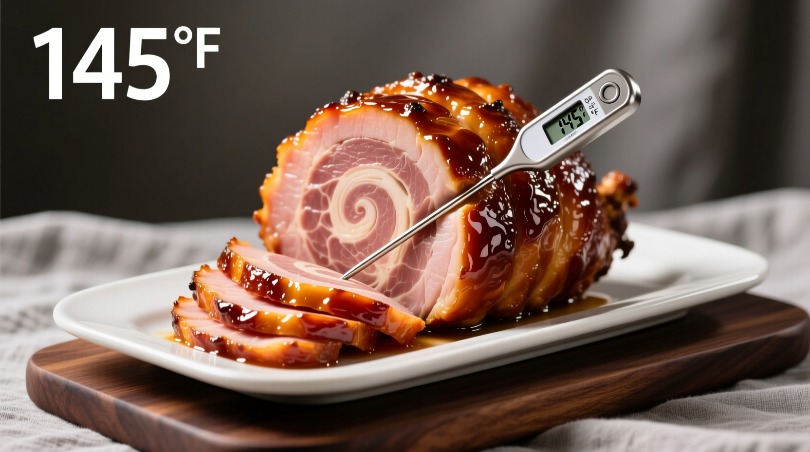 Perfectly glazed spiral ham on serving platter with thermometer
