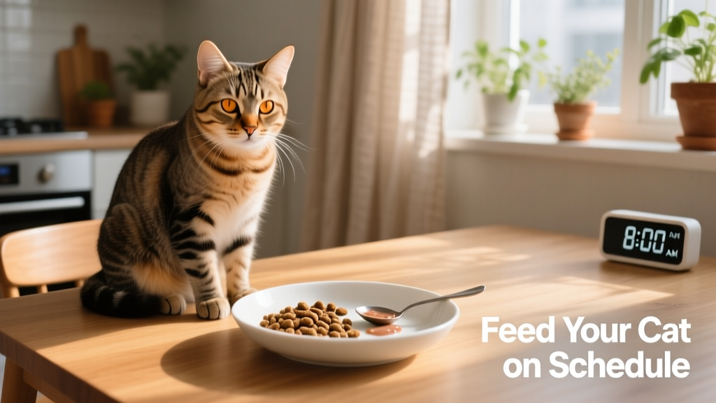 A relaxed adult cat sitting beside a clean, portioned meal in a ceramic bowl