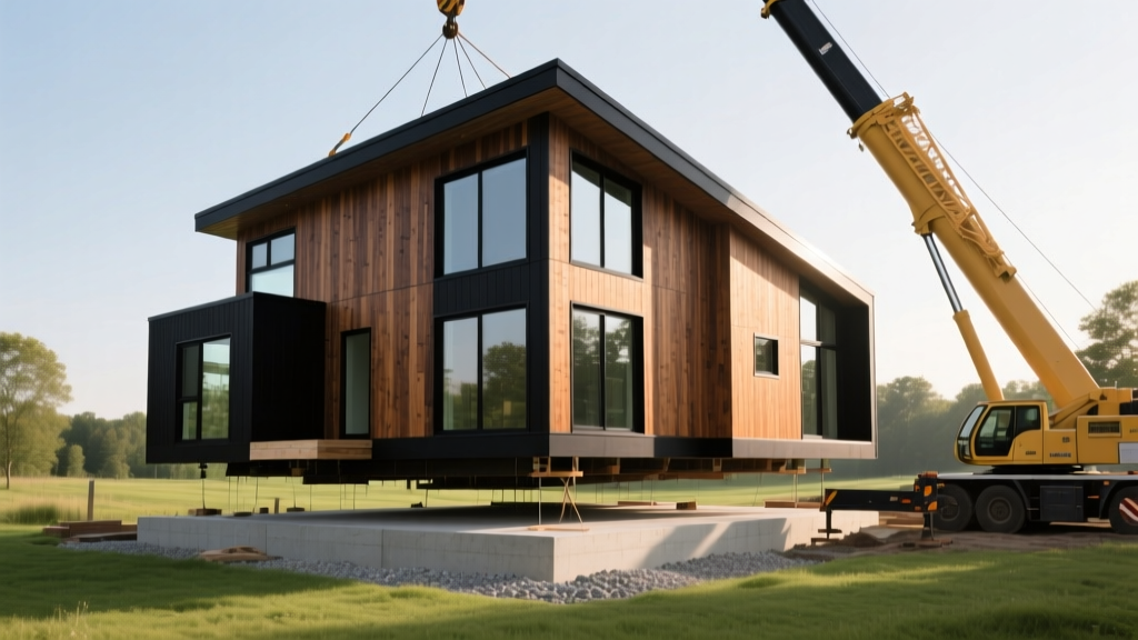 Modern two-story modular prefab home with dark wood siding and large black-framed windows being craned onto a prepared concrete foundation