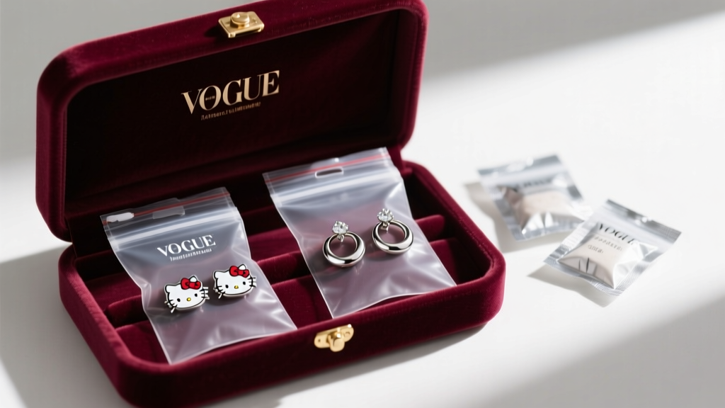Anti-tarnish ziplock bags holding Hello Kitty silver hoop earrings, placed inside a velvet jewelry box alongside silica gel packets.