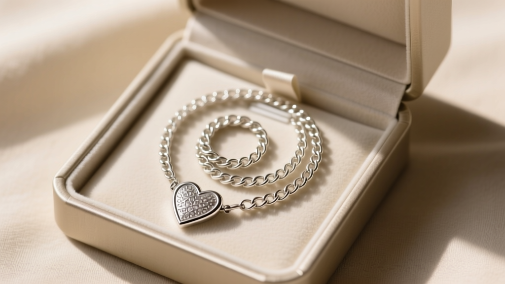 Jewelry box with anti-tarnish strips, featuring a polished silver heart necklace coiled carefully to prevent chain tangling.