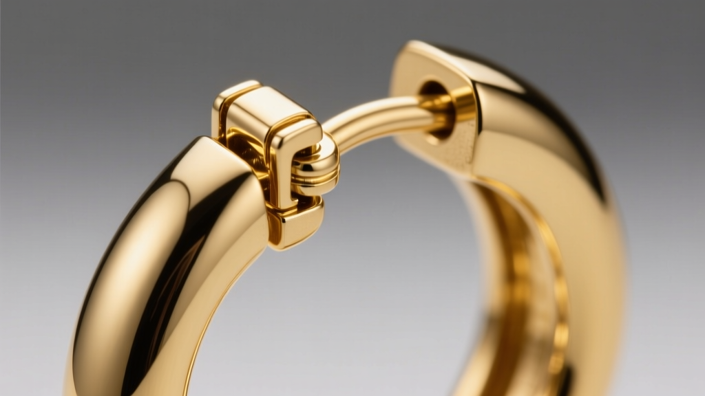 Macro photography of a hinged click-top clasp on a thick gold hoop earring, showing the precise metal joint and tension mechanism