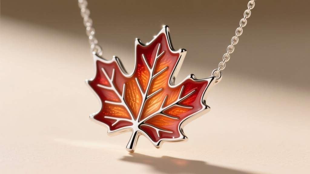 Macro shot of a sterling silver maple leaf necklace featuring translucent red and orange enamel details catching warm sunlight.