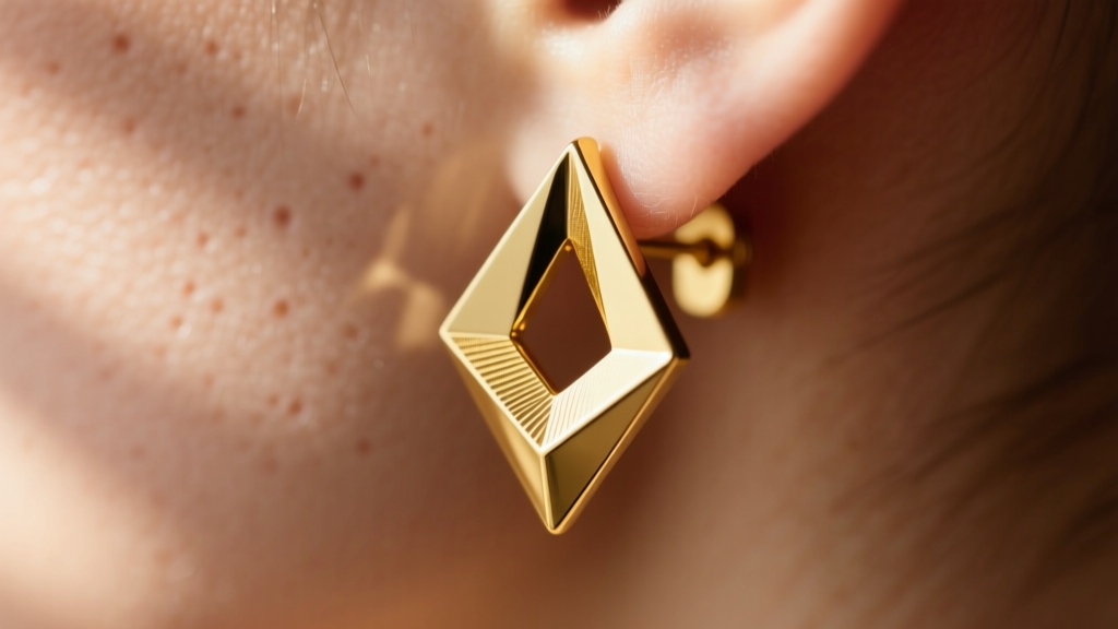 Macro shot of laser-cut 14k gold geometric plane earring edge showing smooth tumbling and high-polish finish against blurred skin.